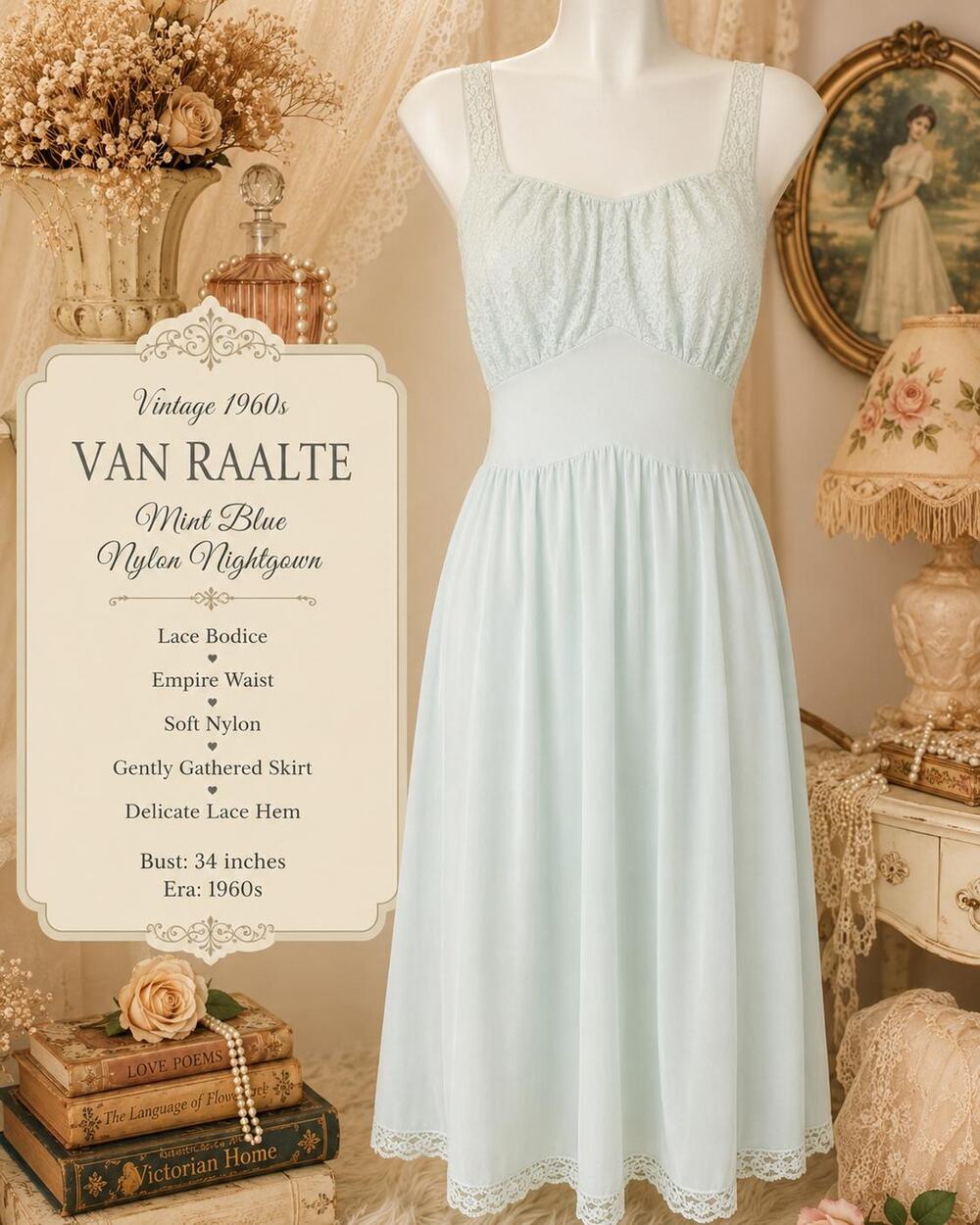 Vintage 1960s Van Raalte Mint Blue Nylon Nightgown | Lace Bodice Bust 34”